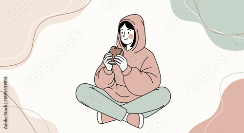 Relaxed Individual in Cozy Attire Enjoying a Snack with Gentle Pastel Aesthetic