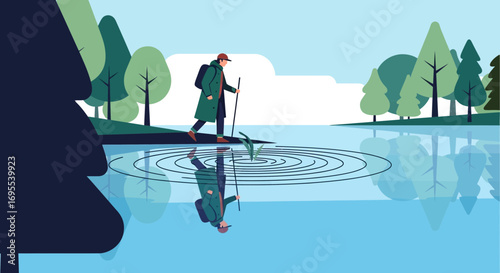 A Person Hiking Near Lake With Reflection Of The Nature And Environment