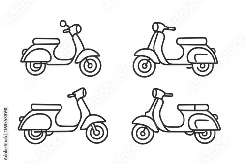 Classic scooter line art set. Retro moped vehicle vector illustration collection. Minimalist transport icons for delivery service or Italian vintage culture concepts. Simple outline design.