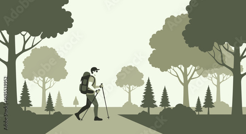 A person hiking with trekking poles through a forest trail enjoying landscape