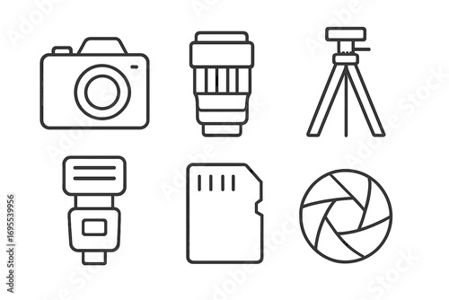 Photography equipment icons set including camera, lens, tripod, flash, memory card, shutter symbol in linear style, vector cartoon illustration with transparent background, ordered collection