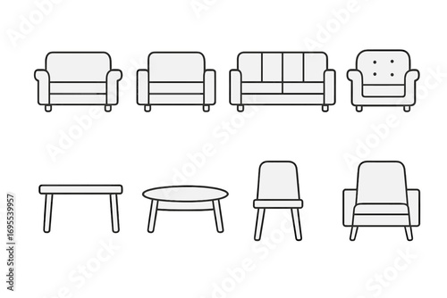 Furniture line icon set. Couch, sofa, armchair, table symbols. Home interior design elements. Minimal linear pictogram collection for UI, UX, web, app. Editable stroke vector.