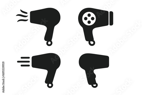 Set of hair dryer icons in minimalist silhouette style. Vector illustration of blowdryer symbol for hairdressing or salon. Beauty appliance graphic element for web design.