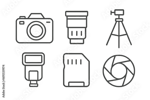 Photography equipment icons camera lens tripod flash memory card shutter linear style vector cartoon illustration set transparent background ordered collection