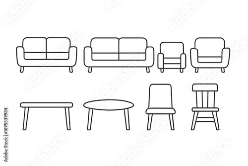 Furniture line icon set. Minimalist outline pictogram collection of home decor elements. Sofa, couch, armchair, living room chair, coffee table. Editable stroke vector for web.