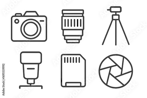 Photography equipment icons set including camera, zoom lens, tripod, flash, memory card, shutter aperture, linear style vector, digital photography gear illustration