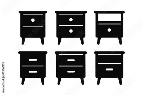 Set of nightstand icons. Collection of black silhouette bedside table glyphs. Minimalist furniture symbols for interior design. Modern flat vector graphic element isolated.