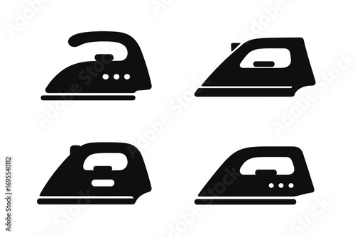 Set of iron silhouettes. Classic and modern steam iron vector icons. Household appliance for laundry and ironing. Minimalist black symbol collection on white background.