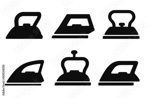 Iron silhouette vector icon set. Collection of six household appliances for ironing and laundry. Domestic chore and dry cleaning service symbols. Vintage and modern flat irons.