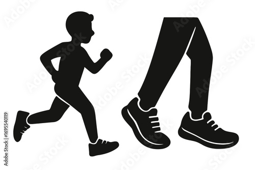 Running icon set with silhouette of running shoes and person jogging, vector cartoon illustration, sporty design, fitness and exercise concept, transparent background