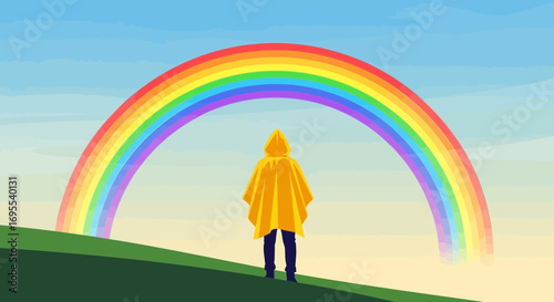 A person in a yellow raincoat standing under a bright and colorful rainbow in the sky