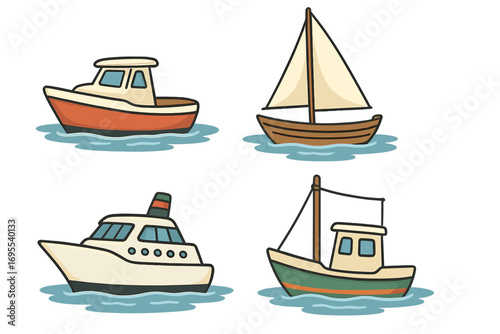 Various types of boats sailing on calm waters during daylight hours, vector cartoon illustration, transparent background, ordered set of fishing boat, sailboat, yacht, and motorboat