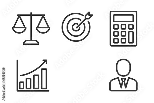 Business and finance line icon set. Contains scales of justice, target goal, calculator, and growth chart icons. Financial strategy, analysis, and success concepts. Vector pictogram.