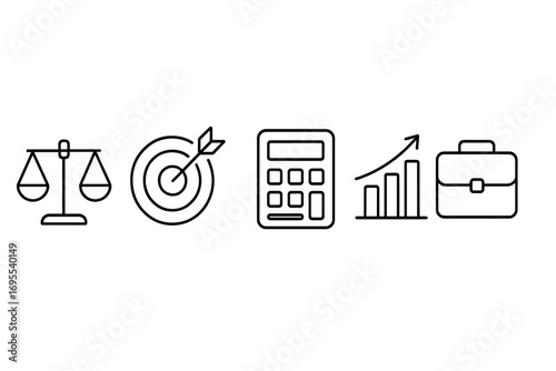 Business and finance line icon set. Justice scales, target goal, calculator, growth chart, briefcase. Thin line symbols for success strategy and analysis. Editable stroke.