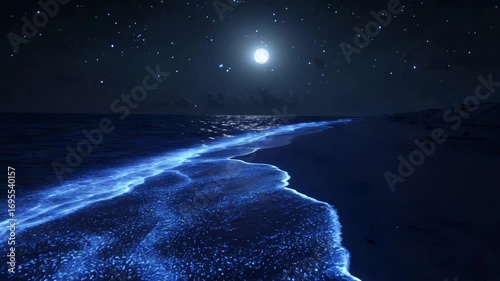 Nighttime Bioluminescent Beach A Glimmering Spectacle Under the Moonlit Sky