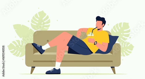 Relaxed Man Enjoying a Drink on a Couch, Modern Styled Illustration