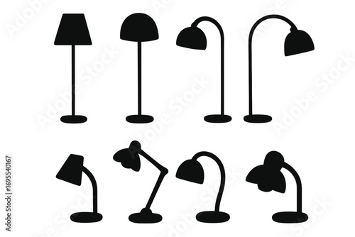 Lamp silhouette vector set. Floor lamp and desk lamp icons. Black flat graphic illustration of lighting fixtures. Interior design element. Home and office furniture isolated.