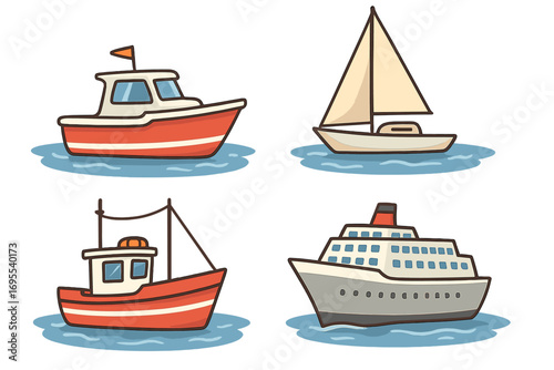 Various types of boats sailing on calm waters during daylight hours, vector cartoon illustration set with motorboat, sailboat, fishing boat, and passenger ship, transparent background
