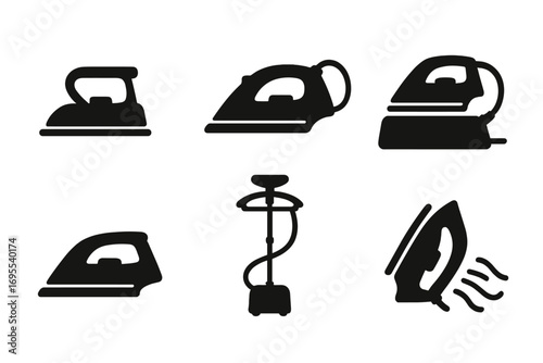 Set of six iron and steamer silhouettes. Vector icon collection for laundry and housework. Domestic appliance graphic elements. Flatiron and garment care symbols.