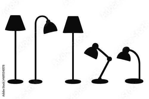 Set of lamp silhouettes. Simple black floor and desk lamps collection. Vector icon for interior design. Home decor furniture lighting element. Modern minimalist illustration.