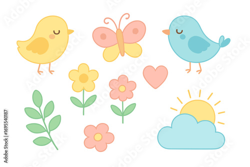 Cute spring nature set. Kawaii vector cartoon characters. Adorable bird, flower, butterfly, sun, cloud illustration. Baby shower, kids nursery decor elements. Flat design graphics.