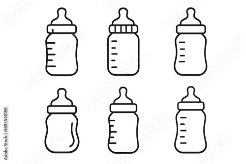 Set of six linear baby bottle icons in black and white, vector cartoon illustrations with transparent background, newborn feeding collection, infant nursing design, editable outline symbols