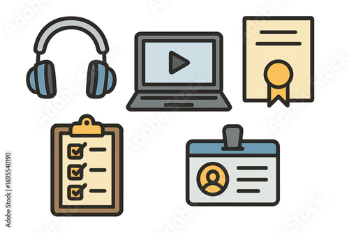 Online learning icons set with headphones, laptop video, certificate, checklist, ID card, digital education symbols, e-learning tools, vector cartoon illustration