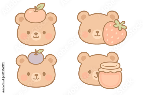 Cute kawaii bear faces with fruit and jam vector cartoon set. Adorable animal character icons with strawberry, apple, plum and honey jar. Soft pastel illustration for kids.