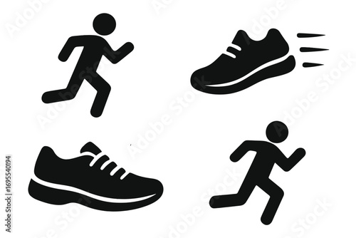 Running icon set with dynamic running shoes and person silhouettes, vector cartoon illustration for sports, fitness, workout, jogging, speed, and exercise concept design
