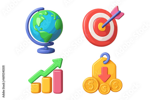 Colorful 3d business icons set for global strategy, marketing goals, and financial growth. Vector illustration with globe, target, sales graphics, and price reduction symbols.