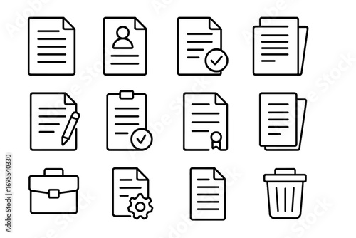 Job documents line icon collection. Vector set of paper, resume, cv, contract, report, and office icons for web and app design. Business paperwork, administration, and workflow symbols.