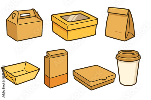 Various types of packaging boxes for food and products, cartoon vector illustration set with transparent background, food containers, takeout boxes, paper bags, coffee cups, retail packaging