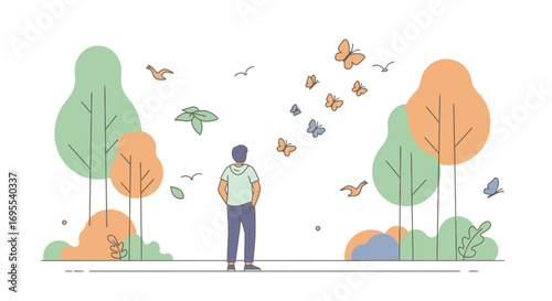 A Person Observing Nature with Butterflies and Trees in a Peaceful Scenic Illustration