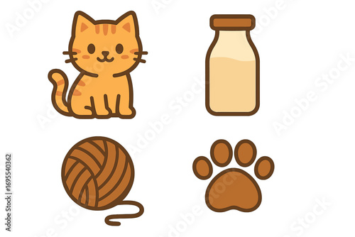 Cute cat icon set vector flat cartoon. Ginger kitten character with pet care elements. Milk bottle, ball of yarn, paw print symbols. Pet shop logo or animal sticker pack.