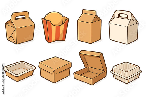 Various types of food packaging boxes and containers set, disposable cardboard takeaway boxes, pizza box, paper bags, snack container, eco-friendly food packaging illustration, vector cartoon