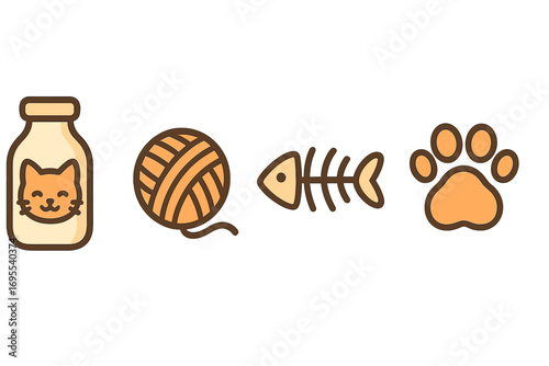 Cat icon set vector flat illustration. Cute cartoon kitten accessories collection with milk, yarn ball, fishbone, paw print. Pet shop graphic elements for web design.