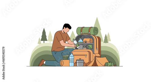 A Person Organizing Camping Supplies for Wilderness Exploration with a Large Backpack