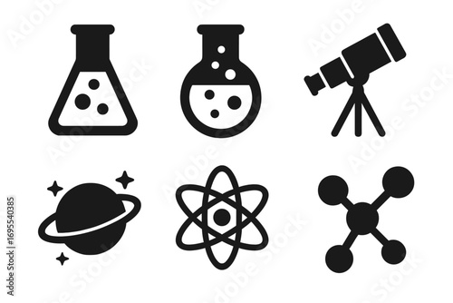 Science icons set including chemistry glassware, astronomy telescope and planet, atomic structure and molecular model silhouettes in vector cartoon style with transparent background