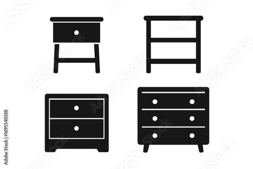 Set of minimalist furniture icons. Black silhouette nightstands, chests of drawers, and bedside tables. Vector illustration for interior design. Home decor symbol collection.