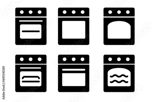 Set of six minimalist black oven icons in silhouette style for kitchen design, vector illustration with transparent background, modern appliance symbols, ordered kitchen icons collection