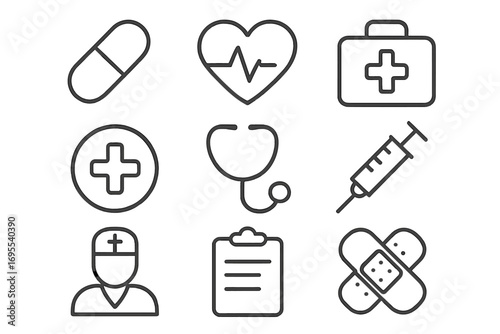 Minimalist medical icons set featuring healthcare symbols in linear style, vector cartoon illustration, transparent background, ordered collection of health and medical signs