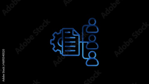 Canvas Print Blue outline illustrated gear document and people connecting for process managem