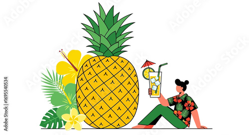 Relaxed Person with a Tropical Drink Near a Giant Pineapple and Floral Arrangement
