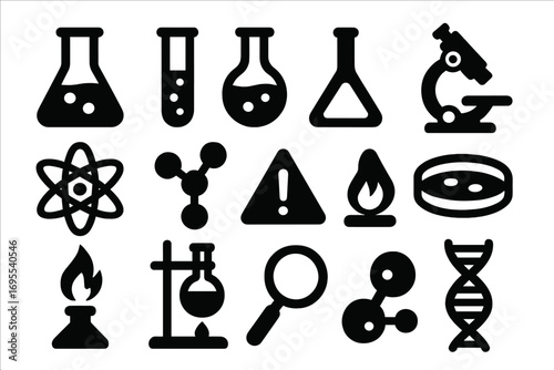 Science icons collection with lab equipment and chemical symbols in bold silhouette style, vector cartoon illustration, transparent background, scientific tools and symbols set for education