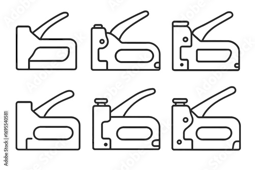 Set of six staple gun icons in simple black outline style, vector cartoon illustration, transparent background, ordered collection, hand tool symbols for construction and office use