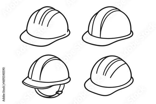 Set of outline hard hats for safety and construction. Vector cartoon illustration. Industrial worker helmet icon. Engineer head protection gear. Building site headwear set.