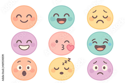 Cute emoji set with various facial expressions in pastel colors. Vector cartoon emoticon collection. Happy, sad, love, kiss, laugh, sleep, and surprised face icons.
