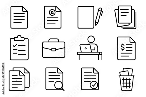Paper job and office work line icon set. Business icons like resume, contract, report, document, and portfolio. Paperwork and workflow symbols for web design. Vector.