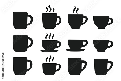 Silhouette coffee and tea mug icons set, minimalistic style vector illustration, assorted hot beverage cups with steam, black solid flat design, transparent background, ordered collection