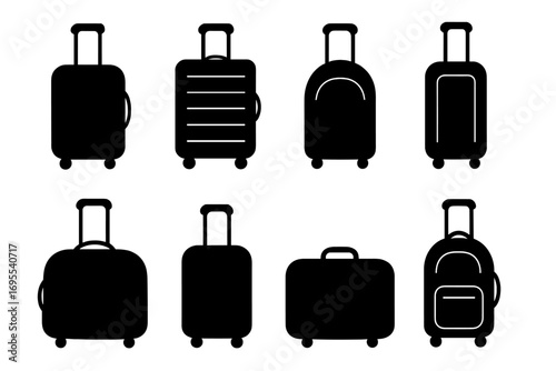 Silhouette collection of various suitcases on wheels with minimalist design, vector cartoon illustration, travel luggage set, rolling suitcase icons, transparent background